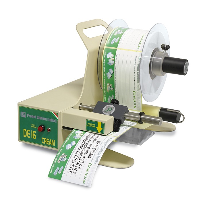 DISPENCER ETICHETTE DE 16 CREAM Larghezza etichetta min. 20 mm - max. 160 mm Lunghezza etichetta min. 30 mm - max. 300 mm - Dimensioni rotolo etichette interno 40 ÷ 76 mm - esterno 200 mm - Velocità di distribuzione 10 m/min.