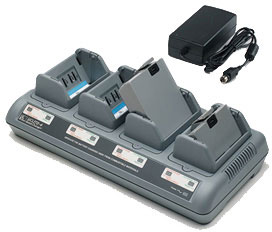 Zebra Quad Battery Charger with Power Supply and EU Line Cord. Docks and charges up to four Li-Ion printer batteries. Supports standard and extended batteries.